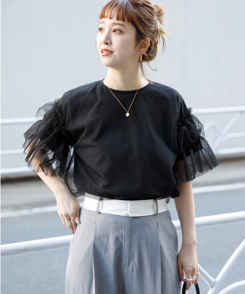 B.C STOCK（ベーセーストック）の「チュールフリルプルオーバー+Tシャツ（Tシャツ/カットソー・レディース・ブラック/チャコールグレー・FREE）」の9枚目の写真