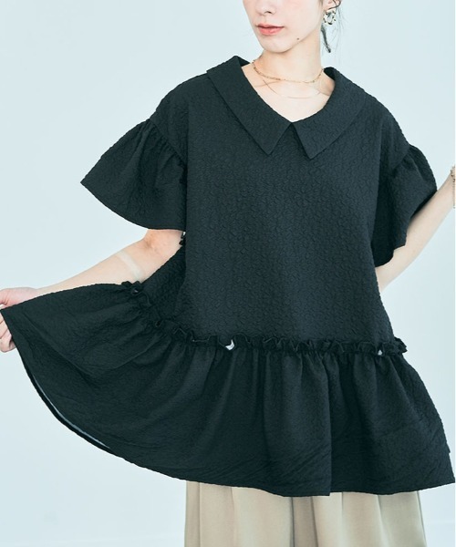 kirakiraShop(キラキラショップ)の「エンボスペプラム フレア ブラウス(シャツ/ブラウス・レディース・ブルー系その他/ホワイト/ブラック・M/L)」の2枚目の写真