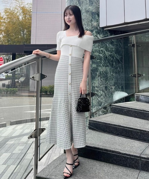 rienda（リエンダ）の「アシンメトリーツイードハーフニットワンピース 春服（ワンピース・レディース・ブラック/ライトパープル/ホワイト・FREE）」の2枚目の写真