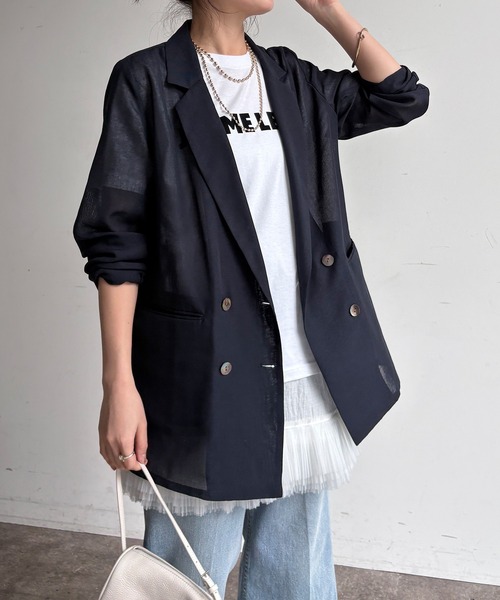 DouDou（ドゥドゥ）の「シアーダブルジャケット（テーラードジャケット・レディース・ブラック/グレー/グレイッシュベージュ/ベージュ/ベージュ系その他/ネイビー・FREE）」の6枚目の写真
