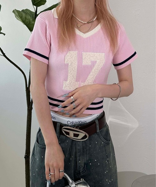 sedacle girl(セダクルガール)の「ナンバリングポロニット(Tシャツ/カットソー・レディース・ネイビー/ピンク/グレー・FREE)」の3枚目の写真