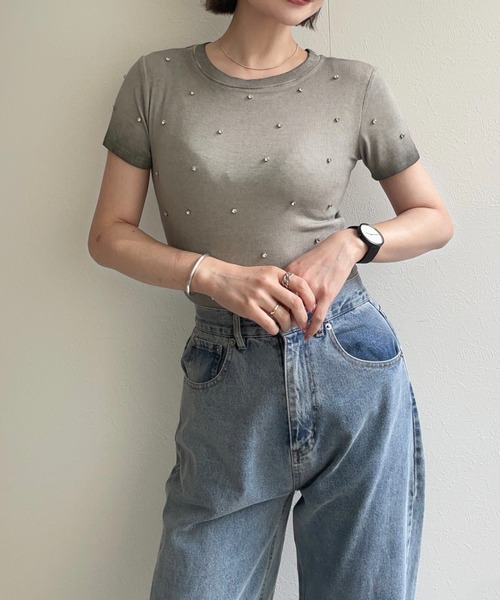 ap retro（アプレトロ）の「ラインストーンちびＴシャツ（Tシャツ/カットソー・レディース・ピンク/グレー/ブラック・FREE）」の5枚目の写真