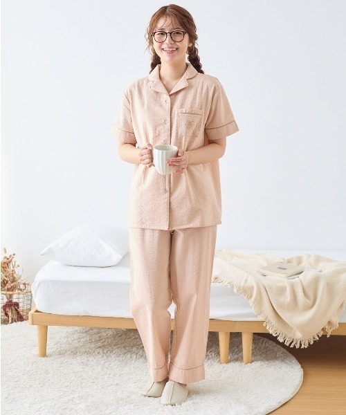 とにかくさらっと涼しい]ロゴ前開き無地サッカー半袖パジャマ（ルーム