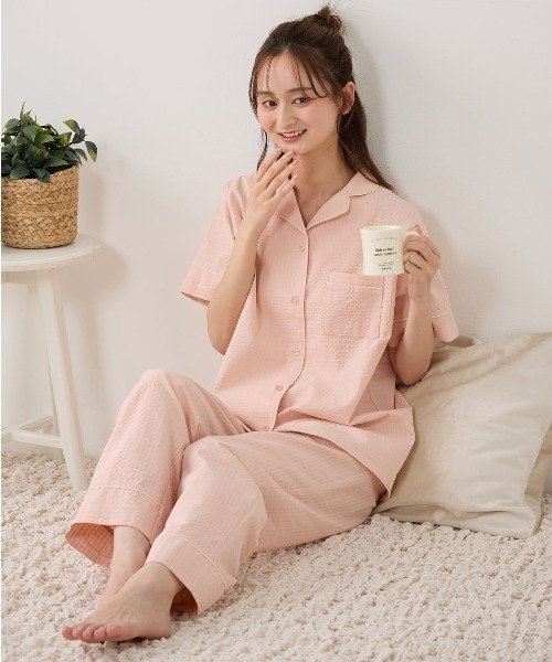 セール】[とにかくさらっと涼しい]ロゴ前開き無地サッカー半袖パジャマ