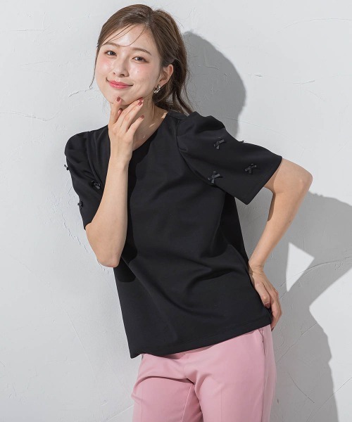 QUEENS COURT(クイーンズコート)の「袖リボンモチーフトップス≪洗濯機で洗える≫(Tシャツ/カットソー・レディース・ホワイト/ブラック・M)」の13枚目の写真