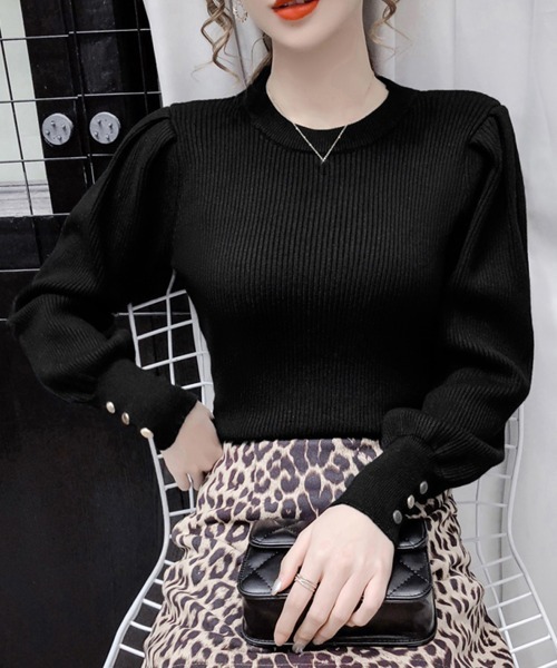 Miniministore(ミニミニストア)の「リブニットトップス 袖口ボタン 着やせ(ニット/セーター・レディース・ブラック/ホワイト・FREE)」の2枚目の写真