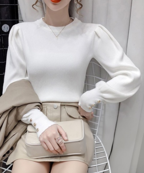 Miniministore(ミニミニストア)の「リブニットトップス 袖口ボタン 着やせ(ニット/セーター・レディース・ブラック/ホワイト・FREE)」の3枚目の写真