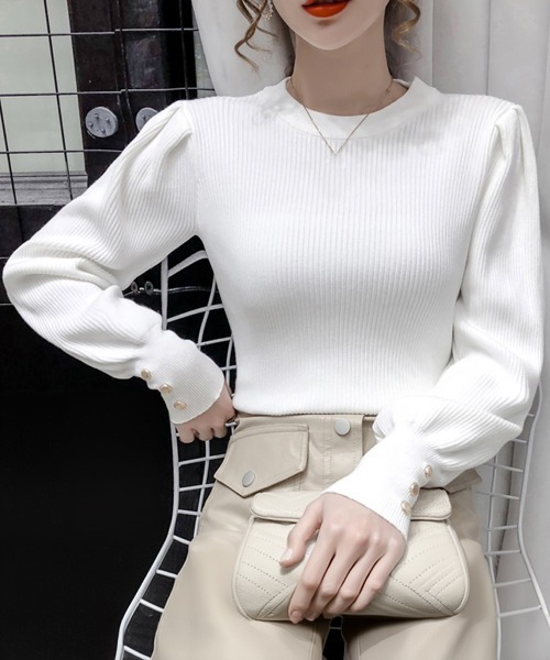 Miniministore(ミニミニストア)の「リブニットトップス 袖口ボタン 着やせ(ニット/セーター・レディース・ブラック/ホワイト・FREE)」の4枚目の写真