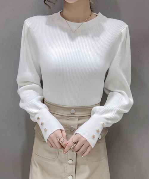 Miniministore(ミニミニストア)の「リブニットトップス 袖口ボタン 着やせ(ニット/セーター・レディース・ブラック/ホワイト・FREE)」の5枚目の写真