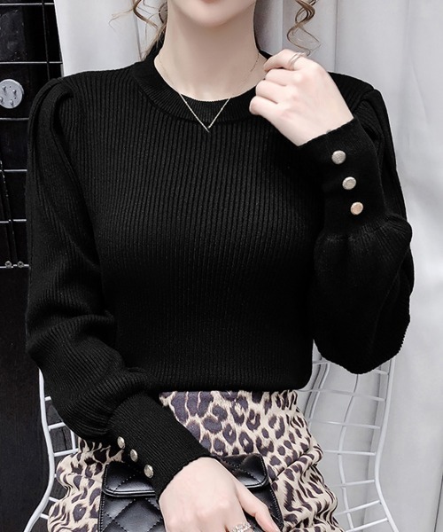 Miniministore(ミニミニストア)の「リブニットトップス 袖口ボタン 着やせ(ニット/セーター・レディース・ブラック/ホワイト・FREE)」の7枚目の写真