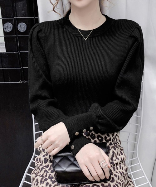 Miniministore(ミニミニストア)の「リブニットトップス 袖口ボタン 着やせ(ニット/セーター・レディース・ブラック/ホワイト・FREE)」の8枚目の写真