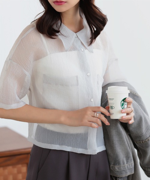 nouvellemoi(ヌーベルモイ)の「ショート丈シアーシャツ(シャツ/ブラウス・レディース・ブラック/グレー/ナチュラル・M)」の3枚目の写真