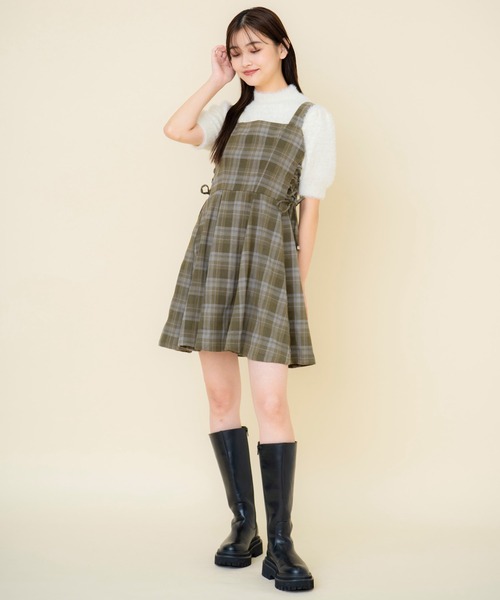 REDYAZEL（レディアゼル）の「【セットアップ可能】チェックドロストミニワンピース（ワンピース・レディース・グレー/グリーン/ブラウン・SMALL/MEDIUM）」の4枚目の写真