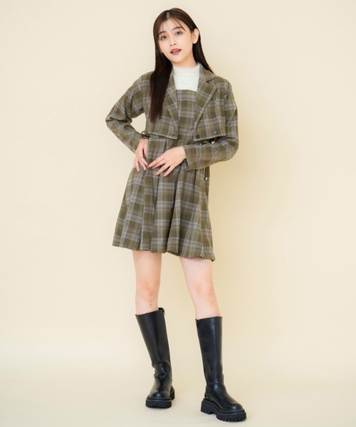 REDYAZEL（レディアゼル）の「【セットアップ可能】チェックドロストミニワンピース（ワンピース・レディース・グレー/グリーン/ブラウン・SMALL/MEDIUM）」の6枚目の写真