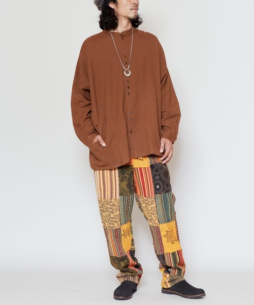 【チャイハネ】コットンヘリンボーン バンドカラーMEN'Sシャツ（シャツ/ブラウス）｜チャイハネ（チャイハネ）