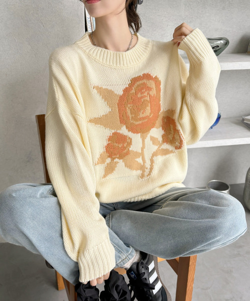 Ada.(エイダ)の「ローズ ジャガード オーバーサイズ ニット(ニット/セーター・レディース・ブラック/アイボリー/ネイビー/ホワイト・FREE)」の17枚目の写真