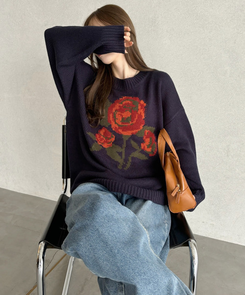 Ada.(エイダ)の「ローズ ジャガード オーバーサイズ ニット(ニット/セーター・レディース・ブラック/アイボリー/ネイビー/ホワイト・FREE)」の21枚目の写真