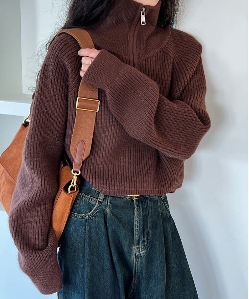 セール】ハーフジップクロップド丈ニットプルオーバー（ニット