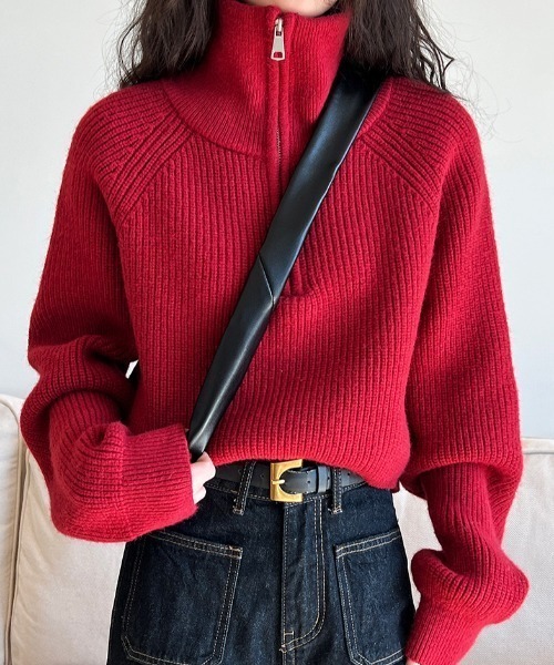 セール】ハーフジップクロップド丈ニットプルオーバー（ニット