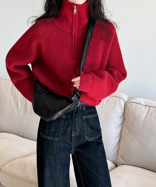 セール】ハーフジップクロップド丈ニットプルオーバー（ニット