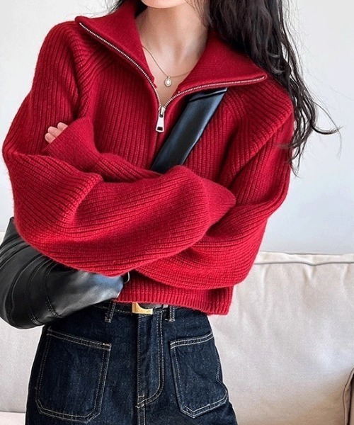 セール】ハーフジップクロップド丈ニットプルオーバー（ニット