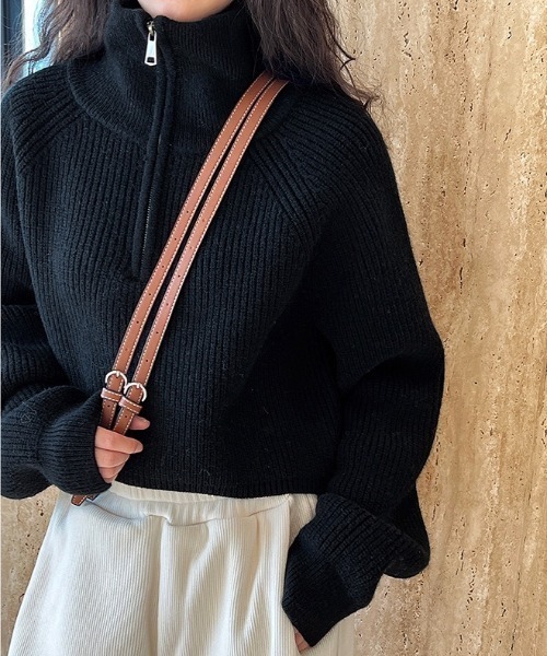 セール】ハーフジップクロップド丈ニットプルオーバー（ニット