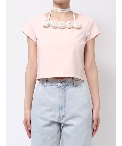 ◆24SS RONRON ROSE RIBBON POINT スリムクロップTシャツ/3色◆ ◇24SS RONRON ROSE RIBBON POINT スリムクロップTシャツ/3色