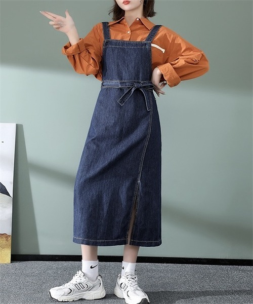 セール】前スリット ウエストリボン デニムジャンパースカート