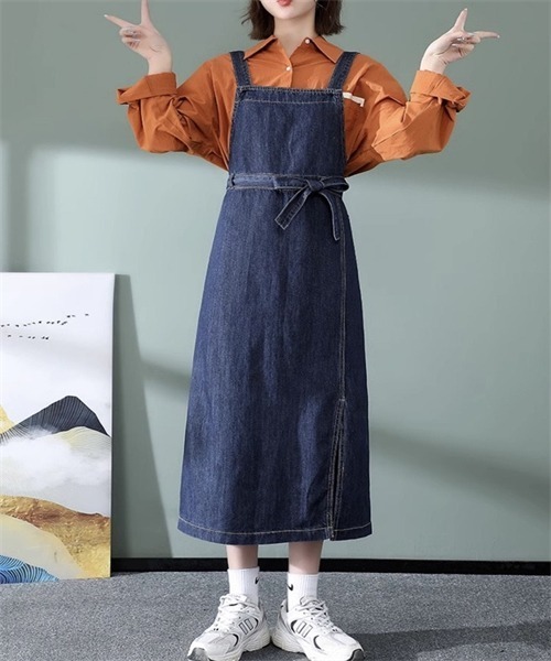【お値段下げました!!】ピンクハウス♡リボン付きソフトデニムジャンパースカート 前スリット ウエストリボン デニムジャンパースカート（ジャンパー