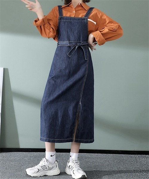 セール】前スリット ウエストリボン デニムジャンパースカート