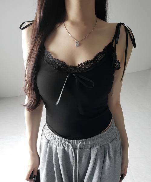 No DRESS ノードレス レースコンビネーションプリーツサテンキャミソール No DRESS ノードレス レースコンビネーションプリーツサテン