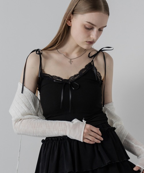 me+em select(ミームセレクト)の「【 4color 】3サテンリボンレースリブキャミソール / three satin ribbon lace lib camisole(キャミソール・レディース・グレー/グレー系1/ブラック/ホワイト・FREE)」の6枚目の写真