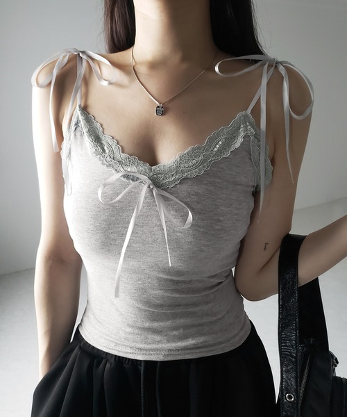 me+em select(ミームセレクト)の「【 4color 】3サテンリボンレースリブキャミソール / three satin ribbon lace lib camisole(キャミソール・レディース・グレー/グレー系1/ブラック/ホワイト・FREE)」の14枚目の写真
