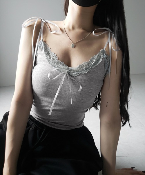 me+em select(ミームセレクト)の「【 4color 】3サテンリボンレースリブキャミソール / three satin ribbon lace lib camisole(キャミソール・レディース・グレー/グレー系1/ブラック/ホワイト・FREE)」の15枚目の写真