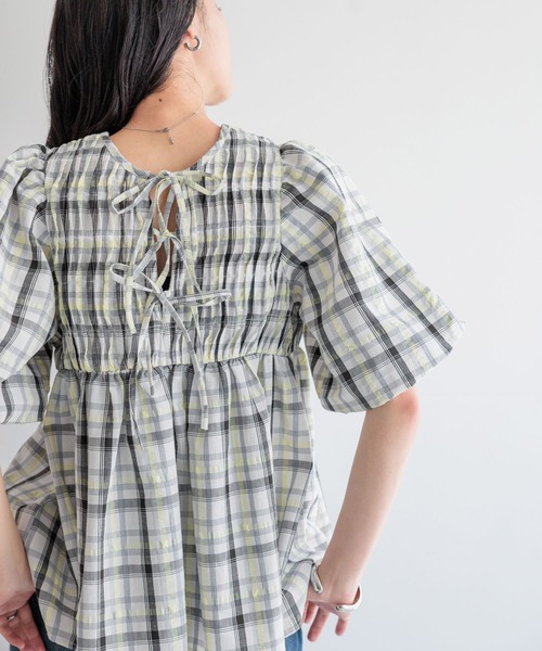 LOWRYS FARM(ローリーズファーム)の「チェックパフスリーブブラウス 289824(シャツ/ブラウス・レディース・ブラック/ホワイト・FREE)」の5枚目の写真