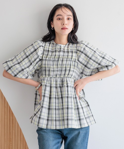 LOWRYS FARM(ローリーズファーム)の「チェックパフスリーブブラウス 289824(シャツ/ブラウス・レディース・ブラック/ホワイト・FREE)」の4枚目の写真