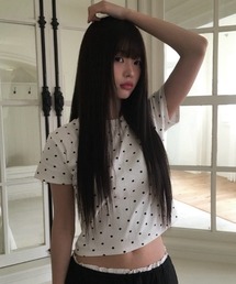 ヘアーシュシュ付きドット柄スリム半袖Tシャツセット