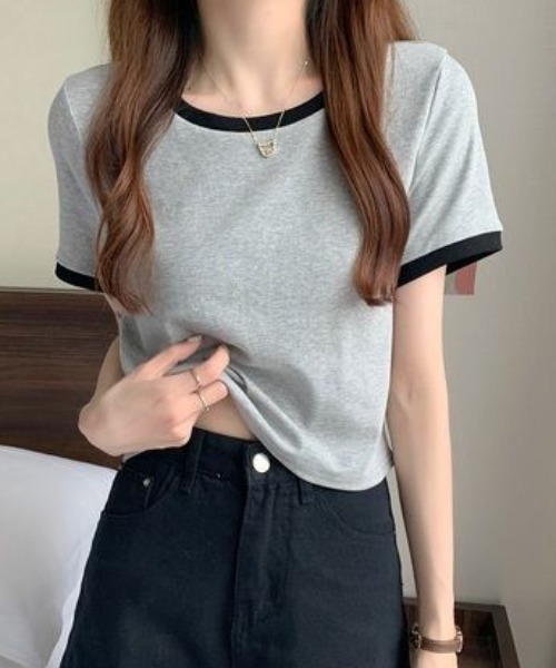 Dolce Fiora（ドルチェフィオラ）の「シンプルコーデのワンポイントに可愛い！リンガーTシャツ（Tシャツ/カットソー・レディース・ブルー/グレー/ブラック/ホワイト/ピンク・M）」の4枚目の写真