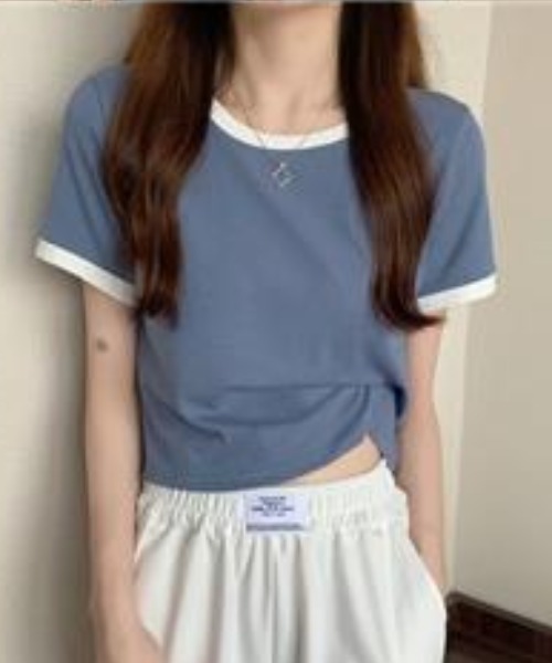 Dolce Fiora（ドルチェフィオラ）の「シンプルコーデのワンポイントに可愛い！リンガーTシャツ（Tシャツ/カットソー・レディース・ブルー/グレー/ブラック/ホワイト/ピンク・M）」の5枚目の写真