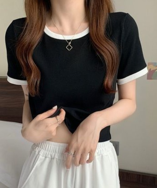 Dolce Fiora（ドルチェフィオラ）の「シンプルコーデのワンポイントに可愛い！リンガーTシャツ（Tシャツ/カットソー・レディース・ブルー/グレー/ブラック/ホワイト/ピンク・M）」の3枚目の写真