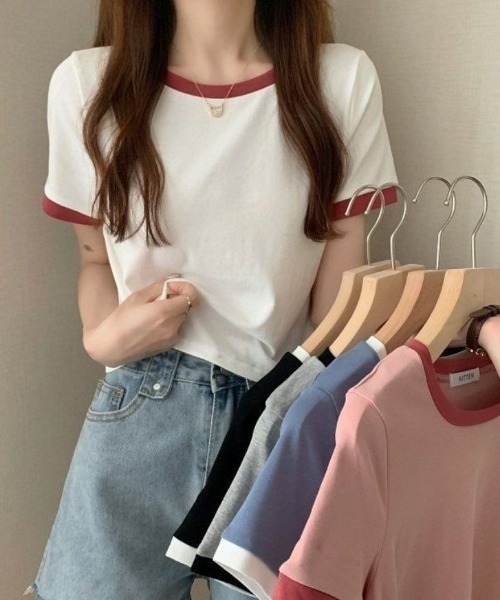 Dolce Fiora（ドルチェフィオラ）の「シンプルコーデのワンポイントに可愛い！リンガーTシャツ（Tシャツ/カットソー・レディース・ブルー/グレー/ブラック/ホワイト/ピンク・M）」の6枚目の写真