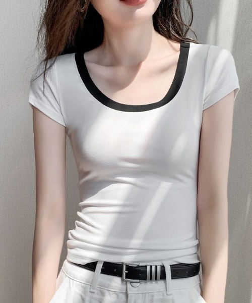 Coo+i(クーイ)の「スリムフィットバイカラー半袖Tシャツ(Tシャツ/カットソー・レディース・モカ/グレー/ホワイト/ブラック・FREE)」の8枚目の写真