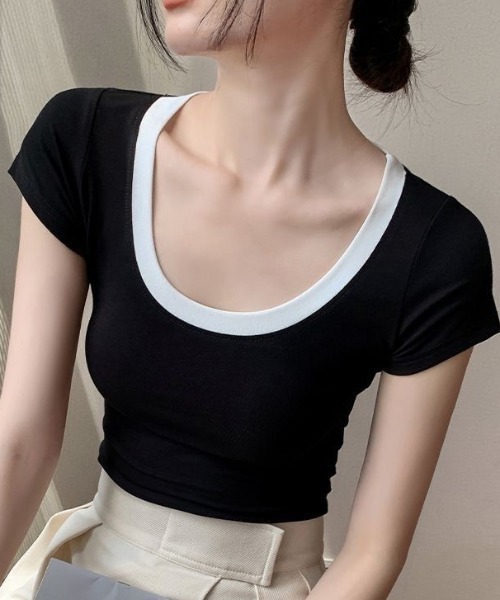 Coo+i(クーイ)の「スリムフィットバイカラー半袖Tシャツ(Tシャツ/カットソー・レディース・モカ/グレー/ホワイト/ブラック・FREE)」の12枚目の写真