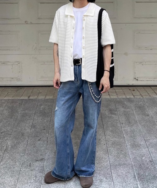 NOWLE(ノウル)の「【NOWLE】透かし編み サマーニット 半袖 シャツ(シャツ/ブラウス・メンズ・オフホワイト・X-LARGE/MEDIUM/LARGE)」の4枚目の写真