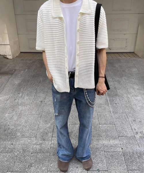 NOWLE(ノウル)の「【NOWLE】透かし編み サマーニット 半袖 シャツ(シャツ/ブラウス・メンズ・オフホワイト・X-LARGE/MEDIUM/LARGE)」の3枚目の写真