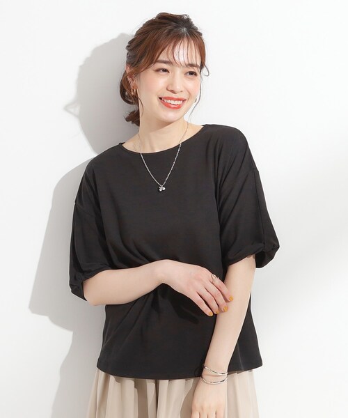 DRESKIP(ドレスキップ)の「【ひんやり/洗える/S-LL】袖ねじりシルケットトップス(Tシャツ/カットソー・レディース・オフホワイト/オレンジ/ライトベージュ/ブラック・04/03/02/01)」の9枚目の写真