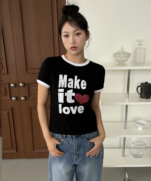 UNE MANSION(ユヌマンション)の「Make it loveラブリーロゴバイカラークロップド半袖Tシャツ(Tシャツ/カットソー・レディース・ライトグレー/ブラック・FREE)」の3枚目の写真