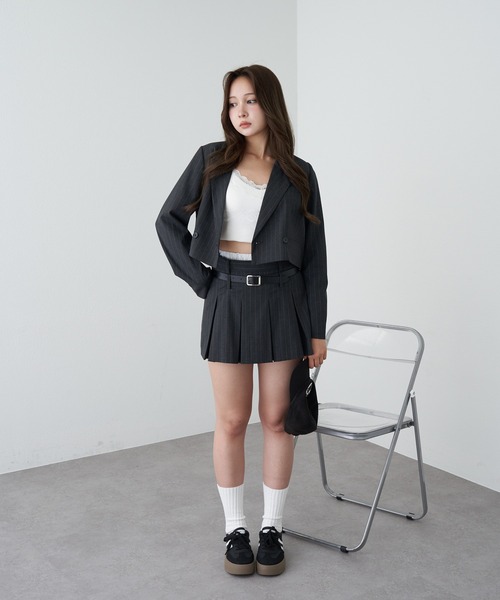 RAY CASSIN（レイカズン）の「ベルト付レイヤードプリーツスカパン（スカート・レディース・ブラック/グレー/チャコールグレー・FREE）」の16枚目の写真