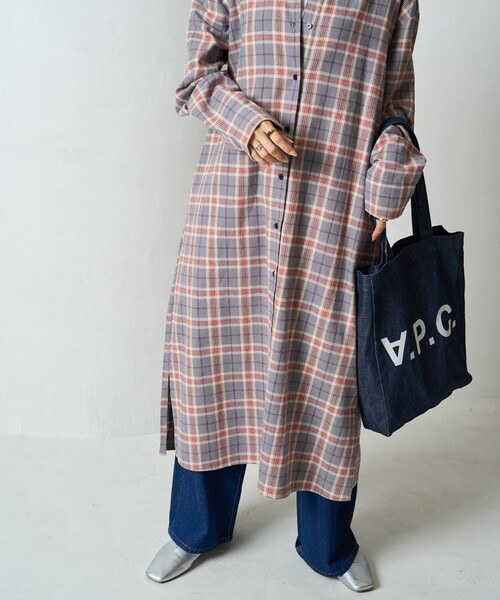 FREAK'S STORE(フリークスストア)の「限定展開 ネル チェック ビックシャツ ワンピース(シャツワンピース・レディース・ネイビー/サックスブルー/グレー/ベージュ/レッド・MEDIUM/SMALL)」の19枚目の写真