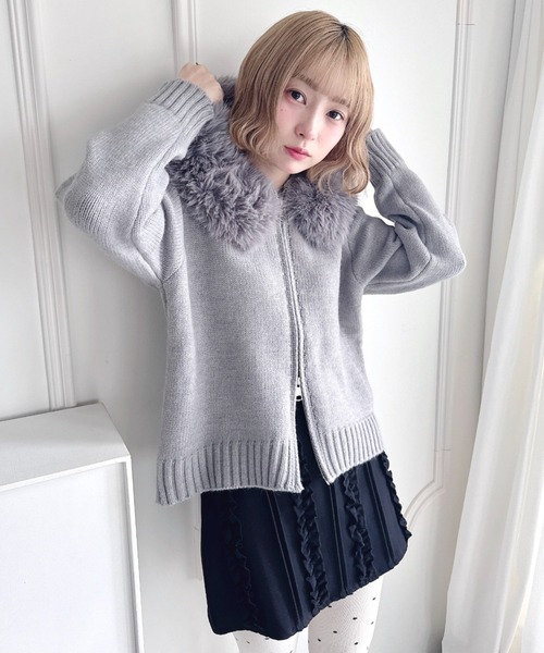 セール】ボリュームファーダブルジップニットフーディ（カーディガン